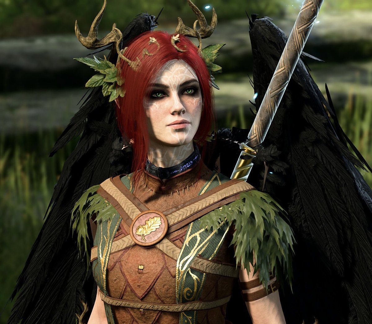 lucatielle's tweet photo. My newest Tav- druidess named Rowana, created for pure good playthrough and romancing Halsin 💚

Fandom: #BaldursGate3 
Character: Rowana the raven winged druidess

#BaldursGate #BaldursGate3Fanart #Tav #druid #druidess #DungeonsAndDragons #elf #highelf #Owlbear #ScratchTheDog https://t.co/vC7SW96LUR