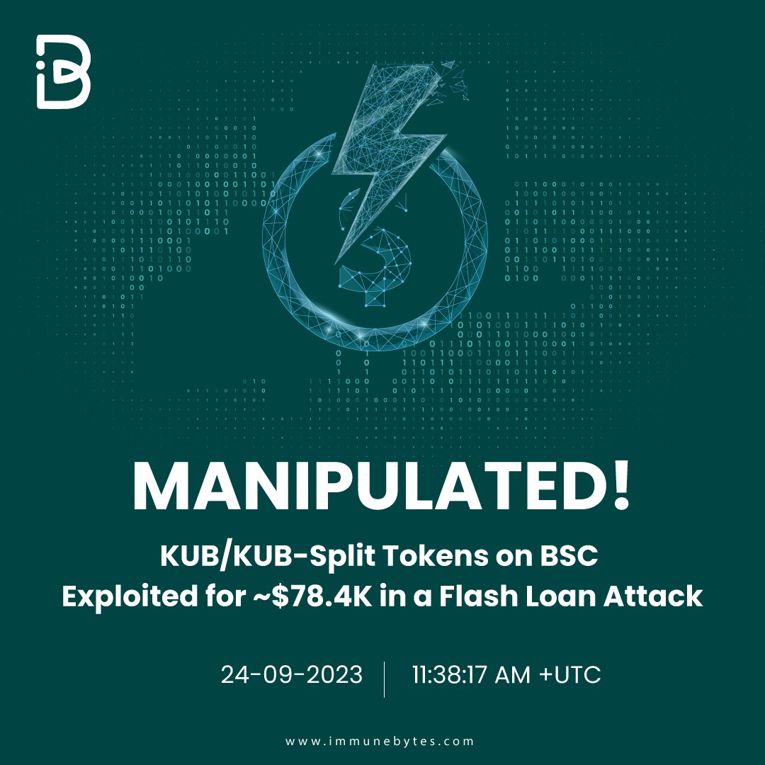 ImmuneBytes's tweet photo. On Sep 24, KUB/KUB-Split Tokens on #BSC was 😈exploited for 💰~$78.4K in a flash loan attack.

The attacker created a malicious #smartcontract to interact with the #token contracts and manipulated the pool using a fake #USDC token.

📝KUB-SPLIT Token Contract: 0xc98E183D2e975F0567115CB13AF893F0E3c0d0bD

📝KUB Token Contract: 0x808602d91e58f2d58D7C09306044b88234ab4628

😈📝Attacker Contract Add: 0xa7Fe9c5D4b87b0d03E9bB99F4B4E76785de26b5D

😈Attacker add: 0x7Ccf451D3c48C8bb747f42F29A0CdE4209FF863e

Fake USDC token: 0xa88D48a4c6D8dD6a166A71CC159A2c588Fa882BB

#Blockchain #BlockchainEducation #Blockchain101 #WEB3 #web3community #web3jobs #Cryptos #bugbountytips #BugBounty #ethereum #blockchains #BlockchainRevolution #Crypto #CryptoNews #cryptocurrencies #hacks #binance📷 #solidity #smartcontract #defi #cryptotrading #cryptomarket #CryptoInvesting #CryptoInvestor #CryptoInvestment