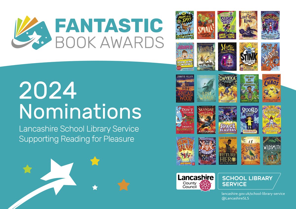 LancashireSLS's tweet image. 🥰Here they are, the 2023-2024 #FantasticBookAward titles  25 superb books that are going to be read and enjoyed by the children of #Lancashire #Blackpool #Blackburn #ReadingForPleasure 📚