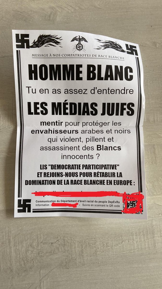 N_Boukili's tweet photo. Des tracts de propagande raciste et antisémite, affichant des symboles nazis, ont été distribués à Louvain-la-Neuve. Ce sont les mêmes tracts que ceux distribués récemment en France. On ne peut pas laisser passer cette haine : j'interrogerai @VincentVQ à ce sujet demain. https://t.co/UcU1m7ywe4