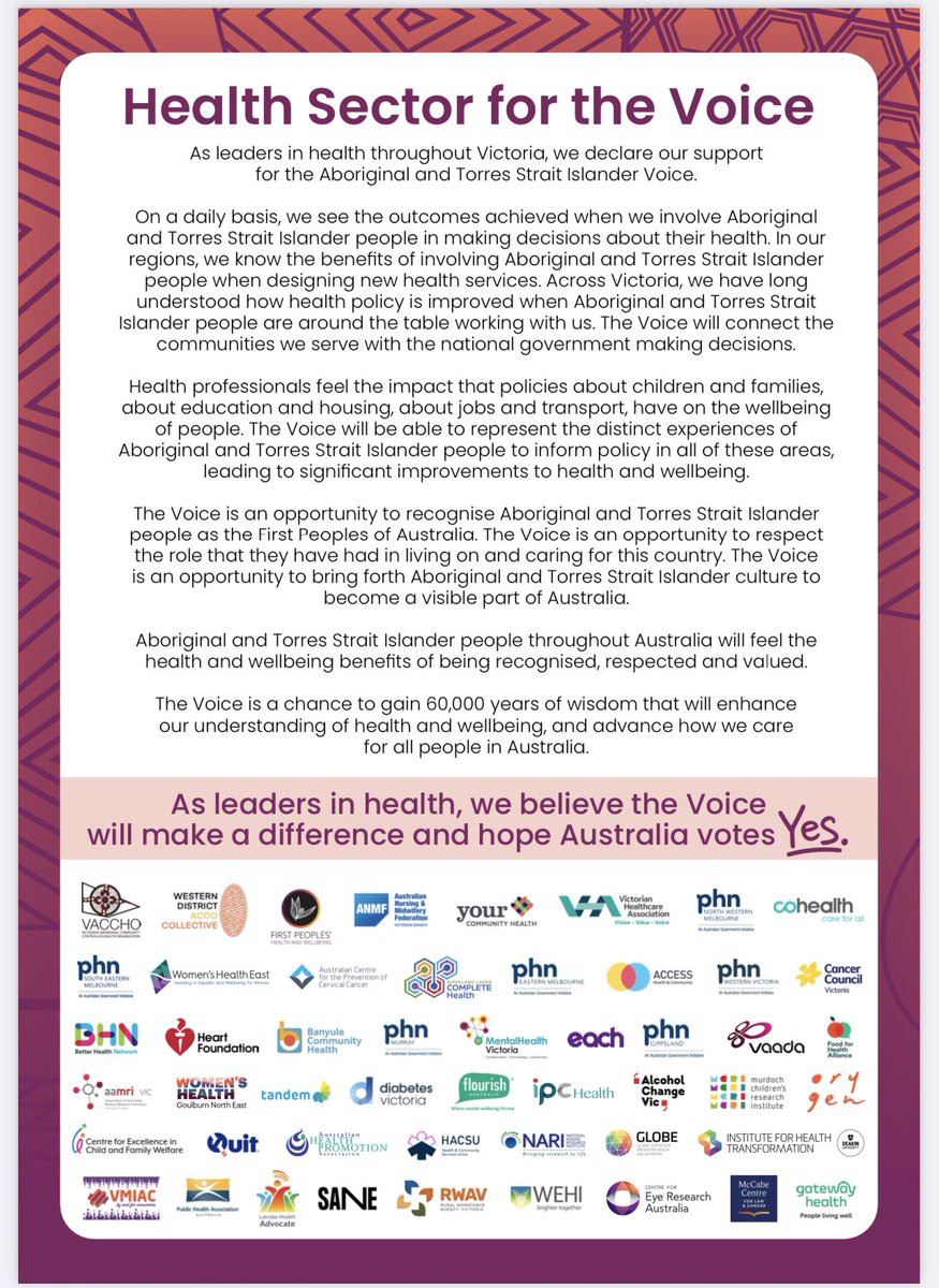 Health Sector for The Voice Cancer and health leaders support the YES vote to improve the health and wellbeing of Aboriginal and Torres Strait Islander peoples. It is an honour to personally support the health sector statement on The Voice