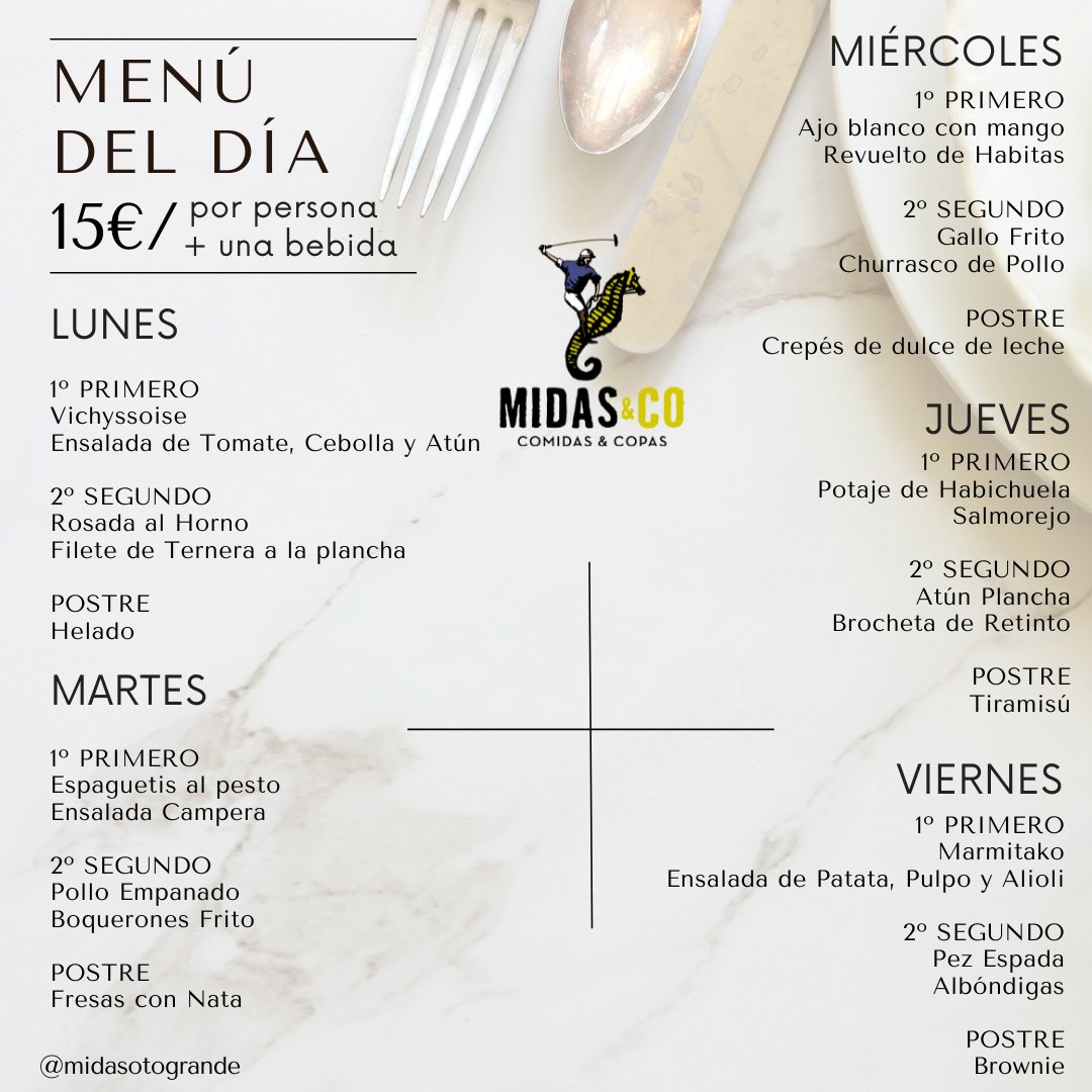 midasrest's tweet photo. #FelizLunes
Os dejamos el Menú del Día de esta semana‼️

Disfruta de nuestro delicioso menú del día, por tan solo 15€/pax. con una bebida incluida‼️

Haz ya tu reserva llamando al ☎️ +34 956 790 121 o desde nuestra web 🌐 https://t.co/z7NgL3vPcR

#MidasSotogrande #MenúDelDía https://t.co/QIlK1QZyQ6