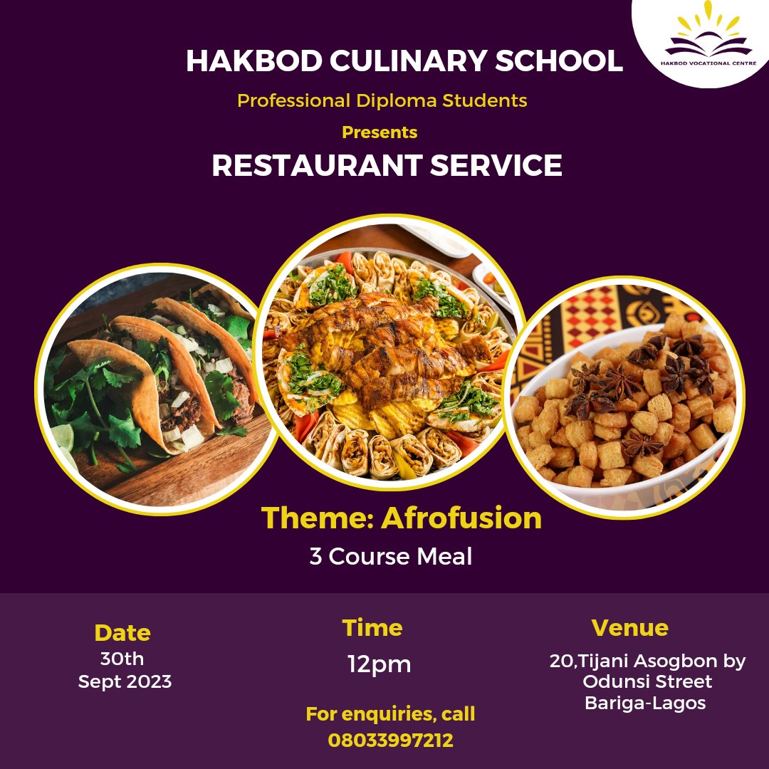 hakbodschool's tweet photo. The PROROFESSIONAL DIPLOMA IN CULINARY Students will be having their Restaurant Service .
This is part of the grading system to assess them, and have them showcase their culinary skills.
#lagosculinaryschools #chefsintraining #culinarychefs #restaurantservice #chefsinlagos https://t.co/HmYmx4xJ4T