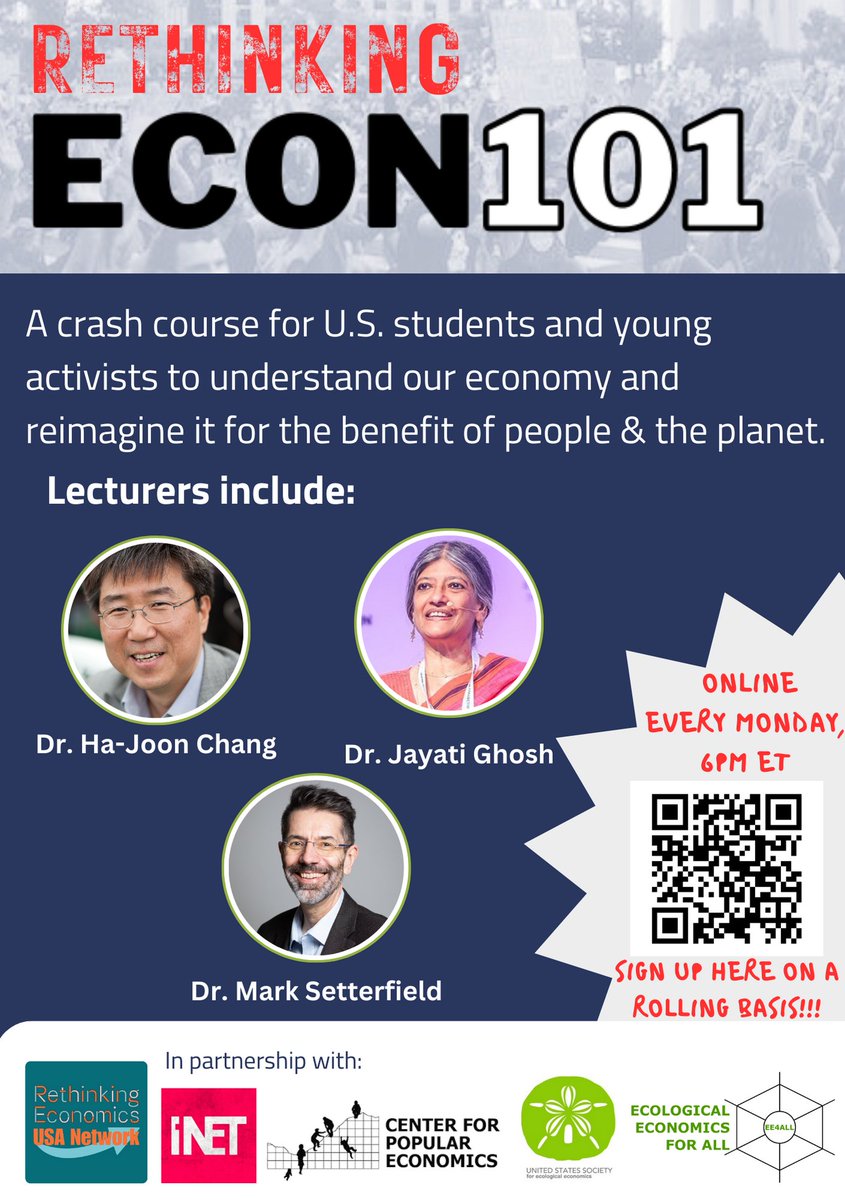 RethinkEcon_USA's tweet photo. We are elated to announce part of our guest-lecturer lineup for our Econ 101 course! 
Participants will have the chance to learn from some of the most world-renowned economists of non-orthodox thought like  Dr. @Jayati1609, Dr Ha-Joon Chang, &amp; Dr. Mark Setterfield. https://t.co/Kp9xBDqmfE