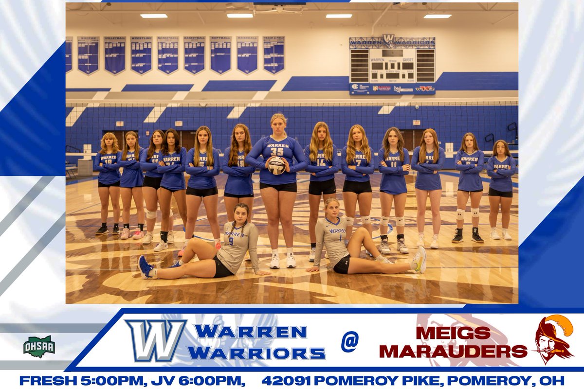 WarrenWarriorVB's tweet photo. Get up Warrior Nation, it's  @WarrenWarriorsVB Gameday! 

Your 11-2 Warren Warriors invade Meigs County this evening as they face off against the Marauders.

Varsity is scheduled for a 7:30 first serve. 

Freshman open at 5:00pm, JV is scheduled for a 6:00pm start. 

#LetsGoBlue https://t.co/mMeK2usZP6