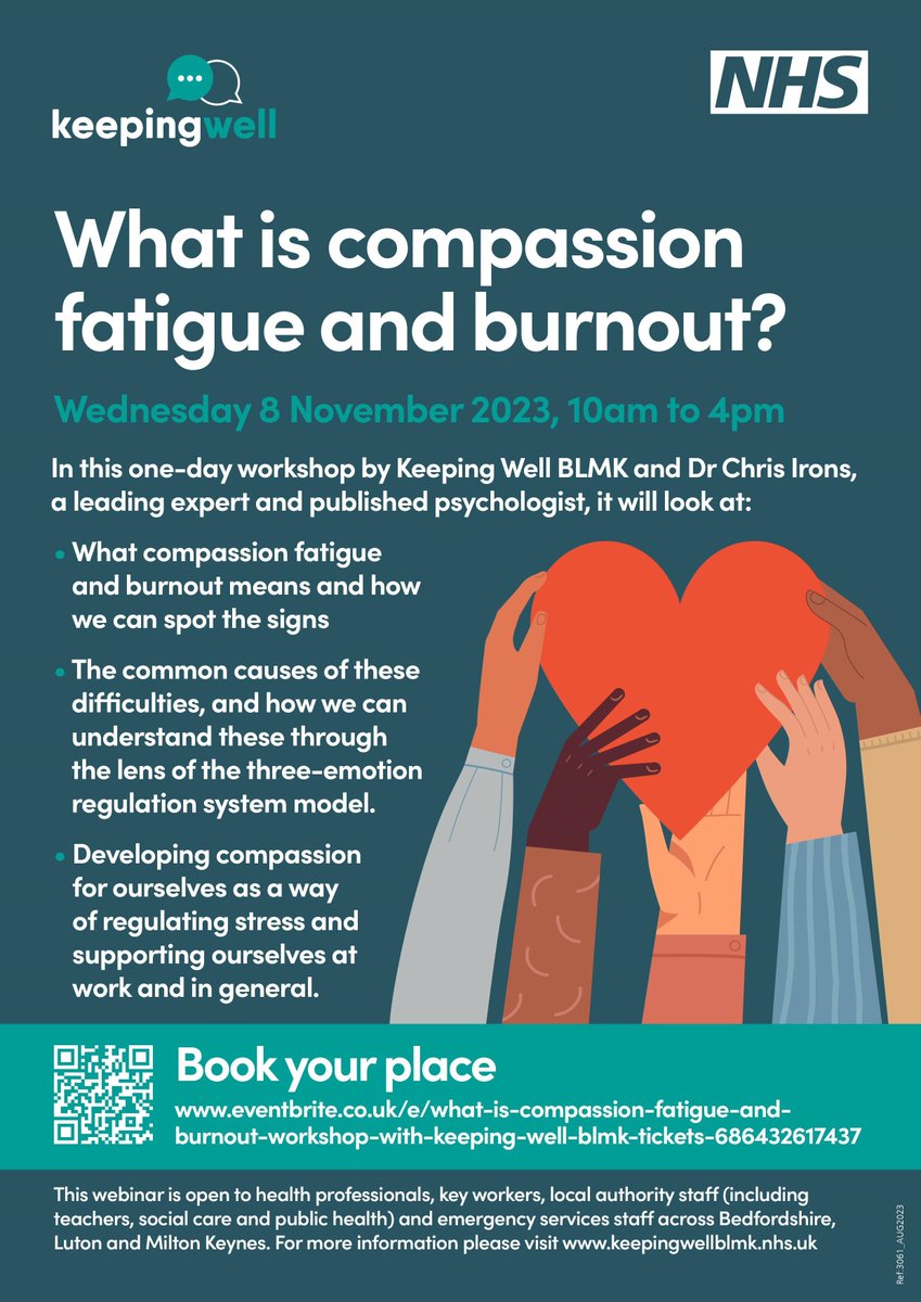 KeepingWellBLMK's tweet photo. We're excited to welcome back our #CompassionFatigue and #Burnout workshop with Dr Chris Irons! ❤️

Make sure you sign up for your place: https://t.co/NGHYNEYlOG https://t.co/8dM0gcY0fM