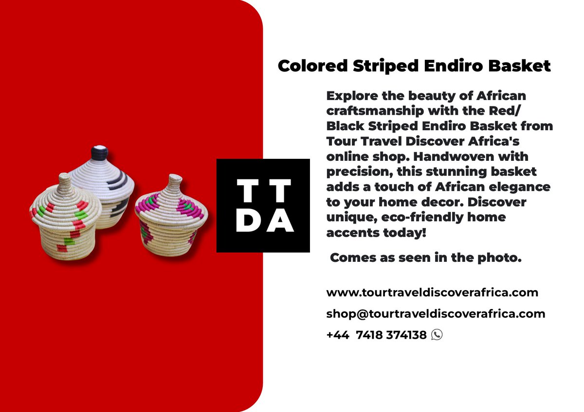 TourTravelDA's tweet photo. 📷
tourtraveldiscoverafrica
Explore the beauty of African craftsmanship with the Red/Black Striped Endiro Basket from Tour Travel Discover Africa's online shop. Handwoven with precision, this stunning basket adds a touch of African elegance to your home decor. #ttda #endiro https://t.co/Z2nAXNY5Nb