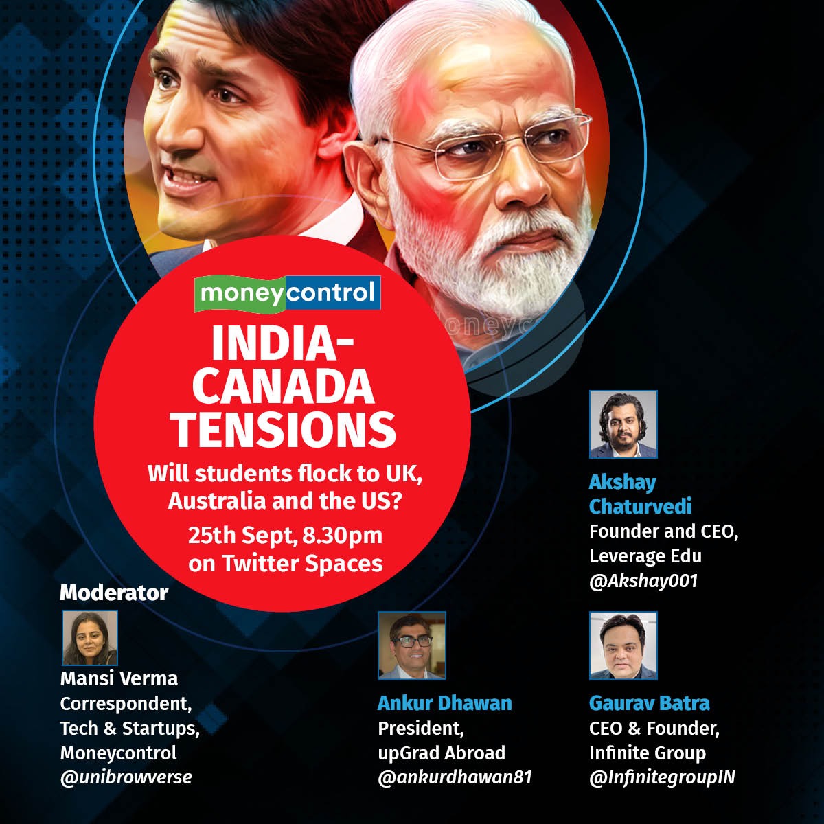 moneycontrolcom's tweet photo. ๐ฅ #TwitterSpacesAlert!
Will Canada's loss be Australia, New Zealand and UK's gain? ๐ง
What's next for Indian students looking to study abroad? ๐
All your questions answered in this insightful discussion with @Akshay001, Founder & CEO, @leverageedu, @ankurdhawan81, President, @upGrad_Abroad and Gaurav Batra, CEO & Founder, @infinitegroupIN.
๐๏ธ Today at 8:30PM ๐
Tune in ๐ https://t.co/wKsIsbieyi
@Unibrowverse @chandrarsrikant