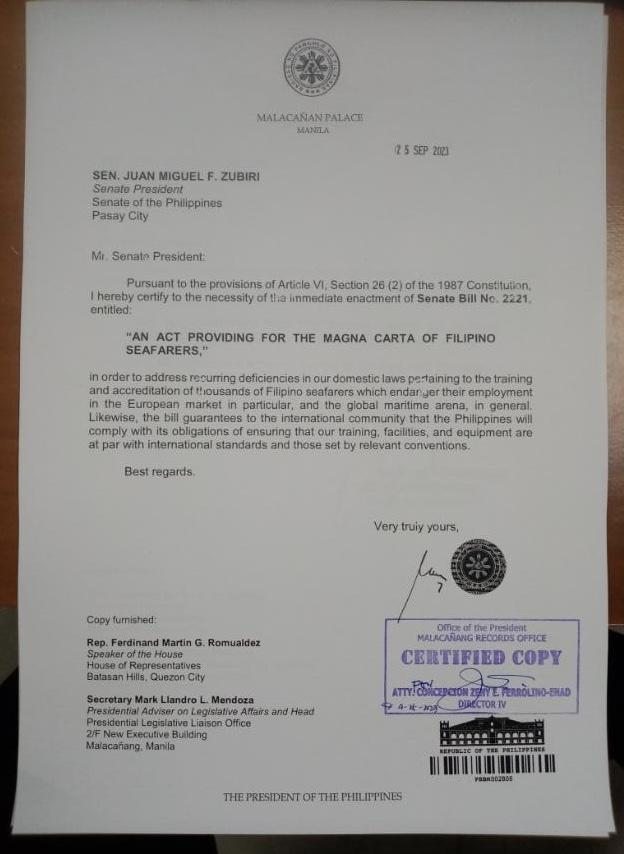 gmanews's tweet photo. President Ferdinand Marcos Jr. has certified the Magna Carta of Filipino Seafarers as urgent. | @HanaBordey 

(Photo from Senate Majority Leader Joel Villanueva)
https://t.co/BInQ9o8dtP
