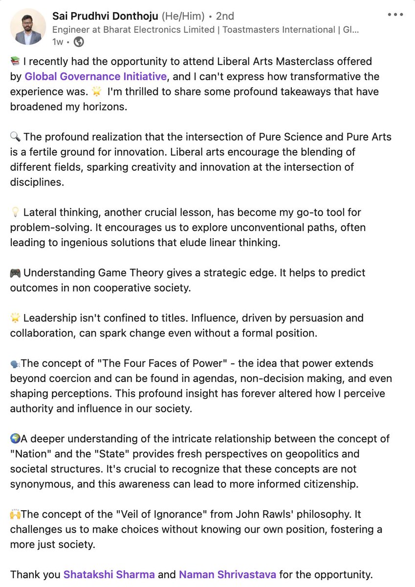 Great summary Sai Prudhvi Donthoju for our Liberal Art Masterclass. At GGI, we do not just have management consulting, policy, and PM masterclasses, we have liberal arts, emerging technology-like subjects so we train you for future leadership in business and policy :)