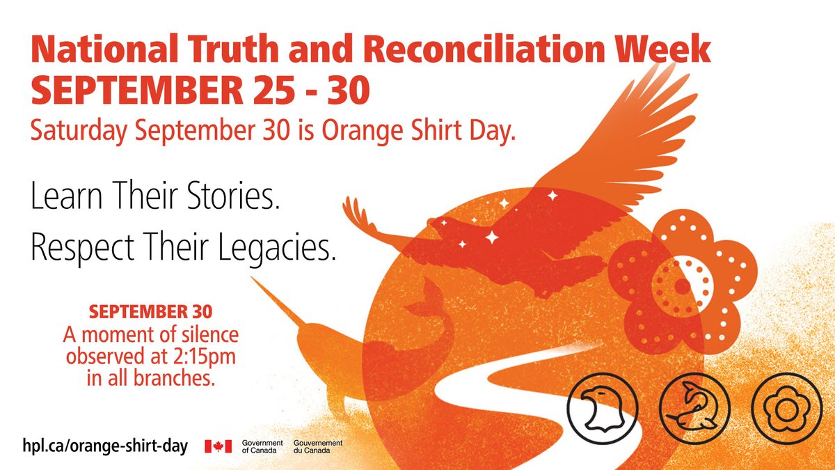 National Truth and Reconciliation Week 2023 runs September 25-30. Saturday, September 30 marks the 10-year anniversary of Orange Shirt Day. 
We have assembled a collection of books, movies and resources focused on Indigenous voices. hpl.ca/orange-shirt-d… #HamOnt #NTRW