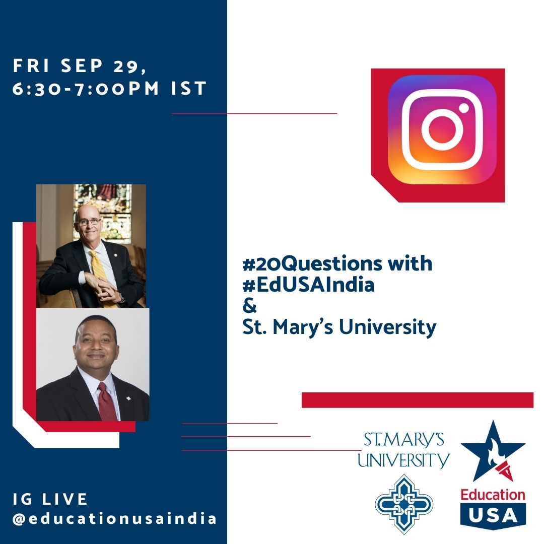 Join EducationUSA India Instalive for #20questions with St. University (StMU), a private, liberal arts institution in San Antonio, Texas. Discover UG and Grad programs in humanities, STEM, business, and law. Tune in on Friday, Sept 29, 6.30 - 7 p.m IST at bit.ly/EdUSAInsta.
