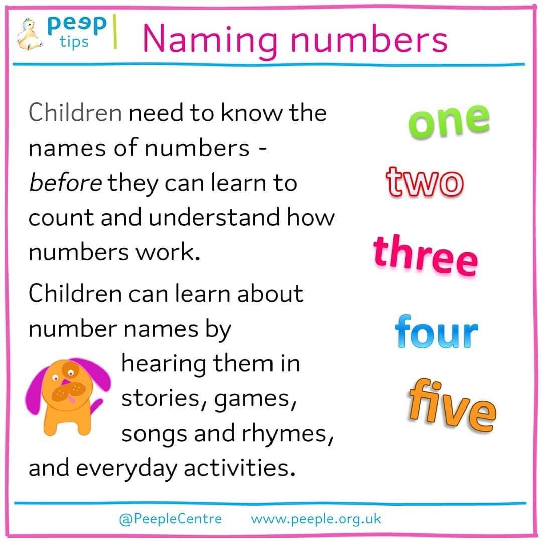 Children learn about the names of numbers when they hear them being used in different situations in everyday life: 🎶“There were five in the bed...” 👀 “I can see two dogs… look… one dog, two dogs!” 💦“one, two, three… jump!” 🍽 “One plate for me & one for you.” #earlymaths