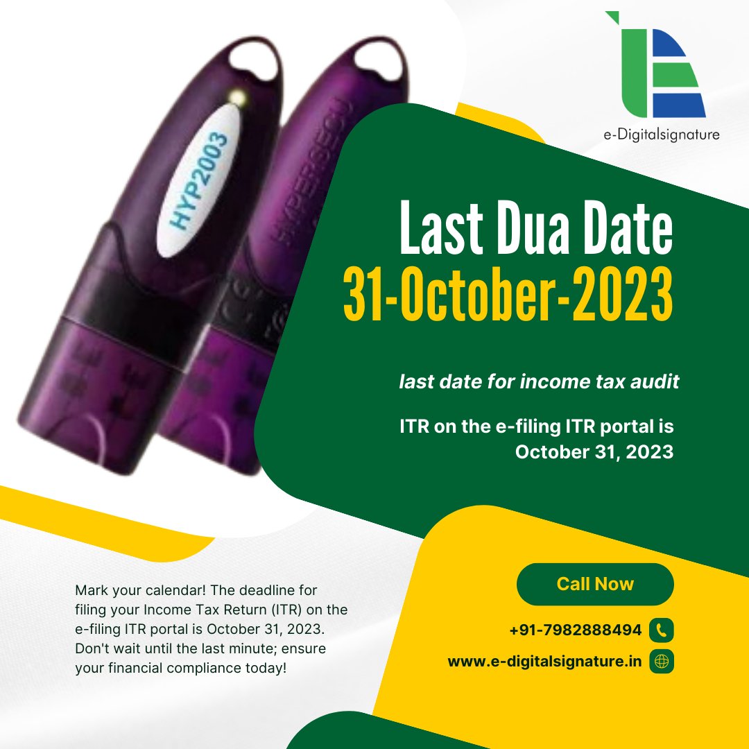 edigitalsigner's tweet image. Mark your calendar! The deadline for filing your Income Tax Return (ITR) on the e-filing ITR portal is October 31, 2023. Don&apos;t wait until the last minute; ensure your financial compliance today!
Get Your Digital Signature within 25 Minutes.
Call Now: +91 7982888494
#class3dsc