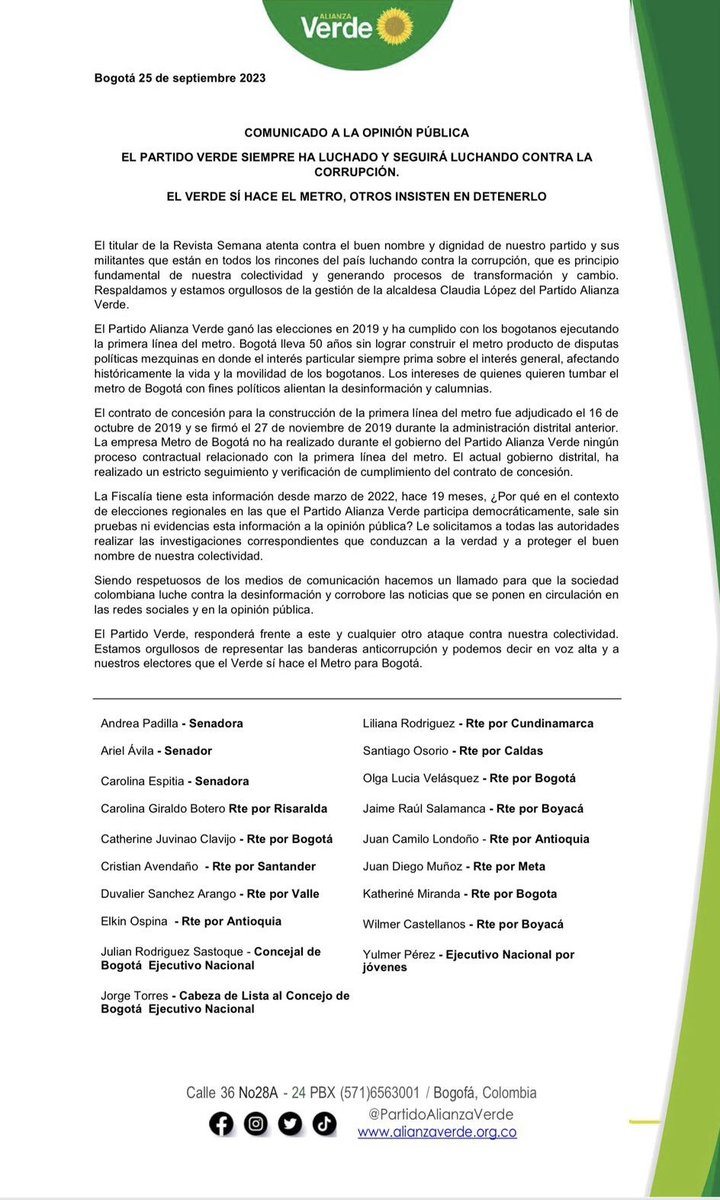 ElJuliSastoque's tweet photo. Como Concejal de Bogotá y Delegado de los Jóvenes Verdes de Colombia al Comité Ejecutivo Nacional, exijo respeto por toda nuestra militancia, especialmente por quienes competimos de manera honesta en esta contienda electoral en nombre del @PartidoVerdeCoL. Directivos rechazamos acusaciones difamatorias y respaldamos a nuestra Alcaldesa @ClaudiaLopez y nuestro gobierno en Bogotá que ha cumplido y seguirá cumpliendo de manera honesta. El Verde SÍ hace el metro.