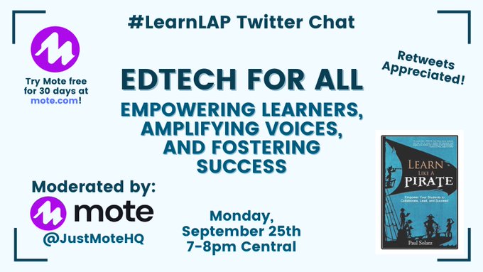 mr_isaacs_math's tweet image. I&apos;m excited to help host today&apos;s #LearnLAP Chat 🏴‍☠️ @ 7:00 PM CT w/@justmoteHQ &amp;amp; @PaulSolarz! We&apos;ll be discussing all things #edtech + ways to form stronger bonds w/Ss. We hope to see some of our Mote + #PLN friends participate 💜 #teachers #students #education #teachertwitter…