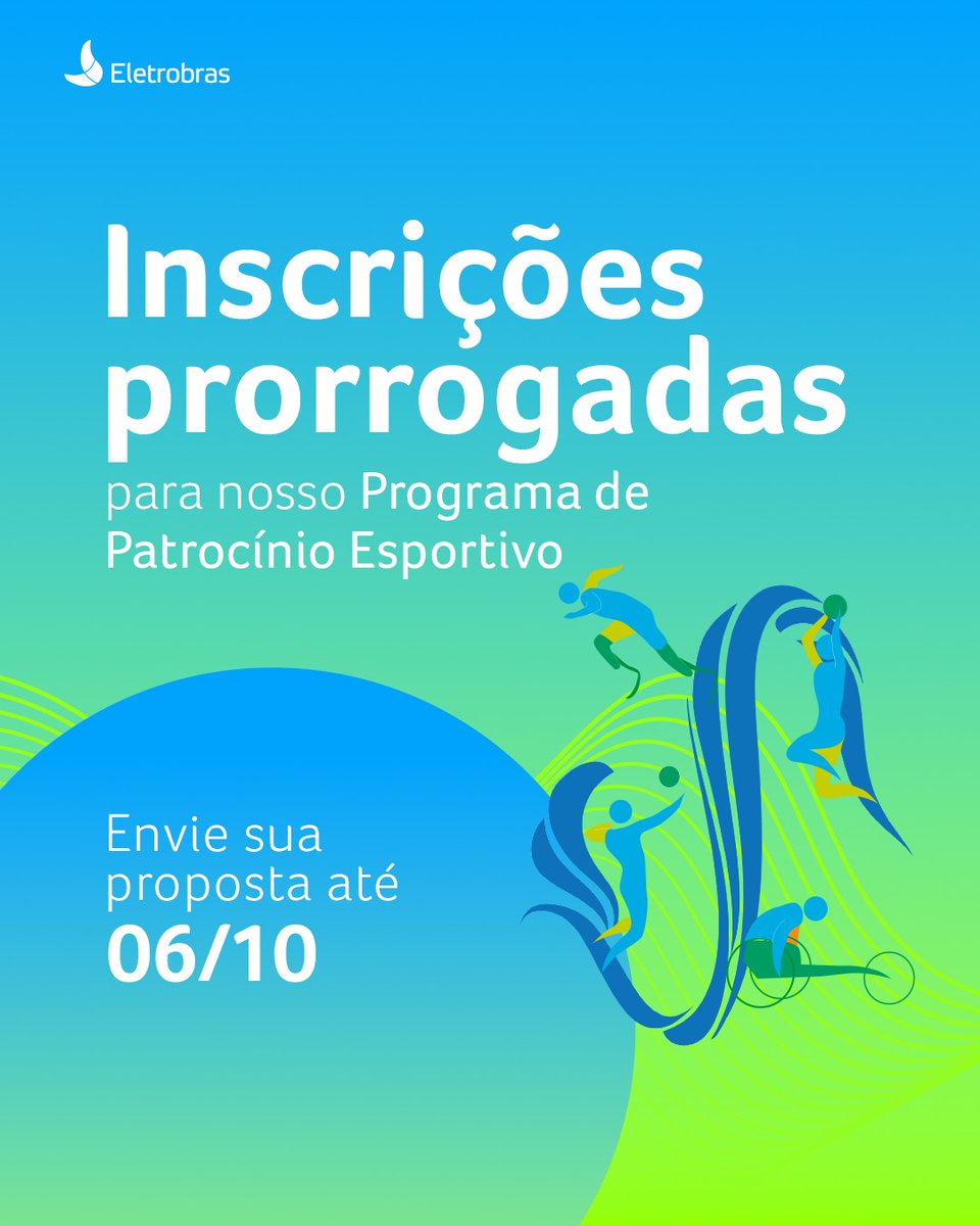 Prorrogamos o período de inscrições e ampliamos o prazo de contratação do nosso Programa de Patrocínio Esportivo até o dia 06/10 e ampliamos o prazo de contratação para os projetos a serem selecionados. Acesse o edital e cadastre sua proposta: eletrobras.com/pt/Paginas/Edi…