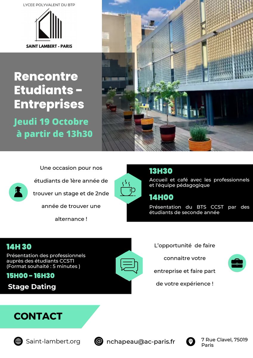 LyceeBTP_Paris's tweet photo. Rencontre Etudiants - entreprises au @LyceeBTP_Paris le 19 octobre
#BTS #CCST @Academie_Paris https://t.co/L0MhKP8d2D