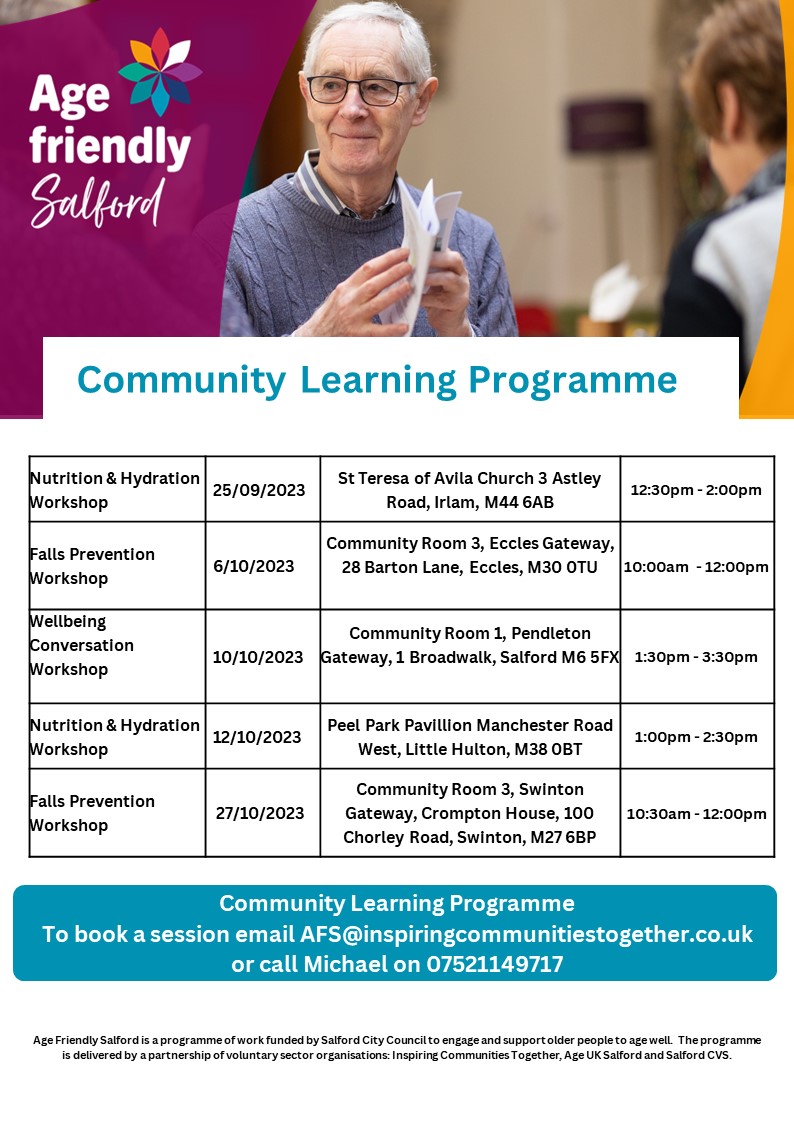 Free community learning events coming soon with <a href="/AgeSalford/">Age Friendly Salford</a> . Prepare yourself at this informative sessions ahead of the Winter months where we can be more prone to slips, trips and falls and some useful tips on eating well and staying well. #AgeFriendly