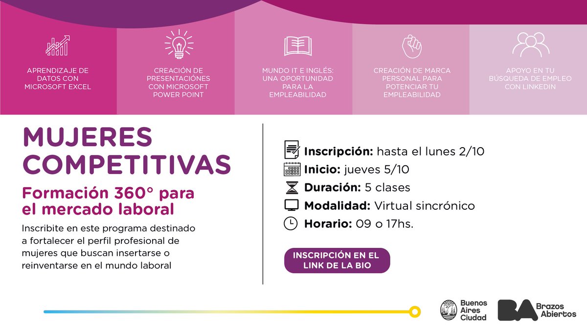 Potenciá tus habilidades para la empleabilidad 🚀
Ya se encuentra abierta la inscripción al programa #MujeresCompetitivas, que brinda capacitacones y  herramientas a mujeres que buscan acceder al mercado de trabajo formal. 

Inscribite 👉🏻 f.tlp1.co/s/VJjpVQR?Plc=…