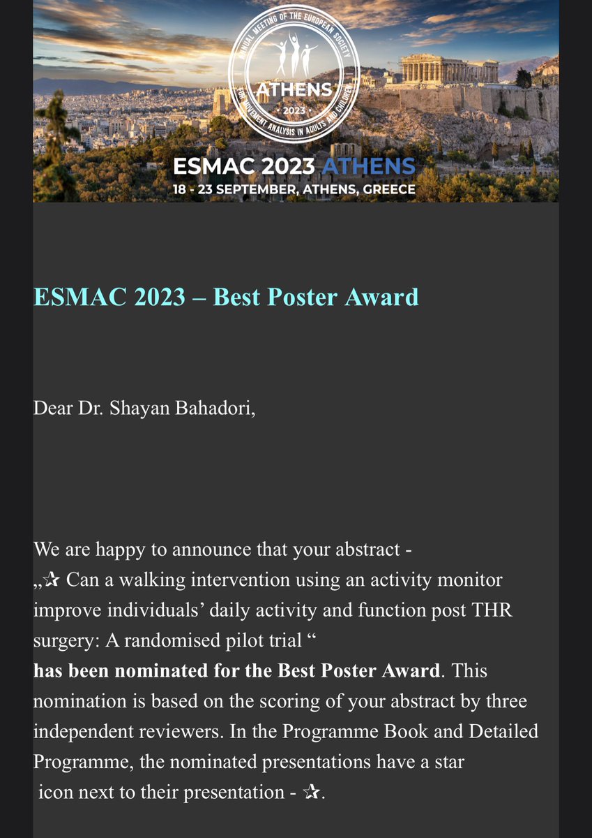 Another fantastic @ESMAC_society conference! Thanks to Athens for hosting the event. We were delighted to have been shortlisted for the Best Poster Award for our study abstract. You can find the abstract published in the Gait and Posture journal here: sciencedirect.com/science/articl…