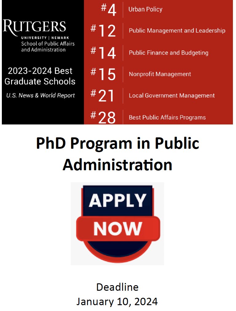 Application deadline for the #PhD Program in #PublicAdministration at @RutgersSPAA is January 10, 2024. Learn more: spaa.newark.rutgers.edu/phd

#GraduateSchool #GradSchool #AcademicTwitter #PublicAdmin #PublicService #UrbanPolicy #Nonprofit #PublicBudgeting #LocGov #PublicAffairs