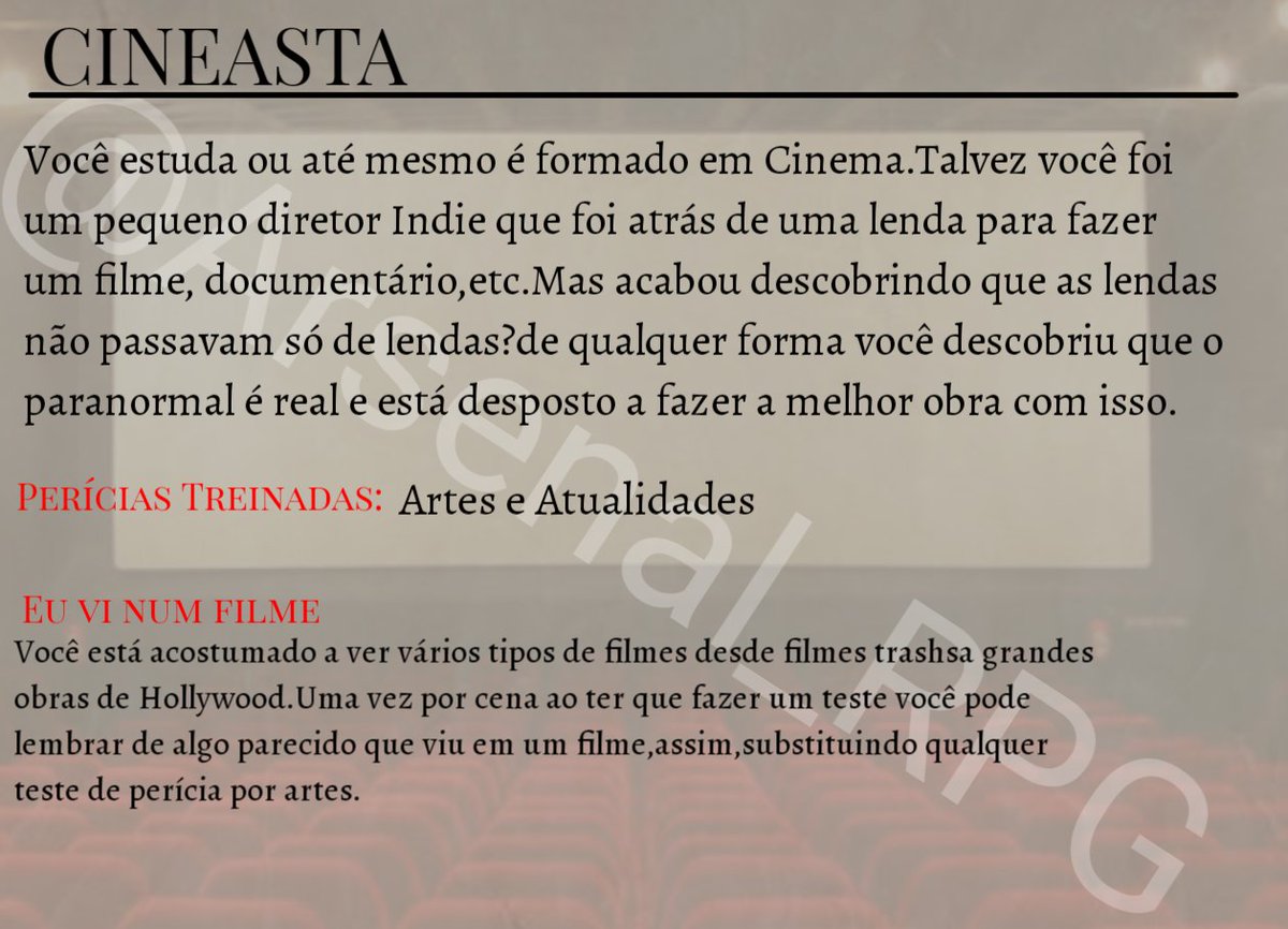 Arsenal_RPG's tweet photo. NOVA ORIGEM 
#homebrew de origem para #OrdemParanormalRPG 
"CINEASTA"

#OrdemParanormal #OrdemParanormalQuarentena #OPQ #OP https://t.co/ueg612yrIr