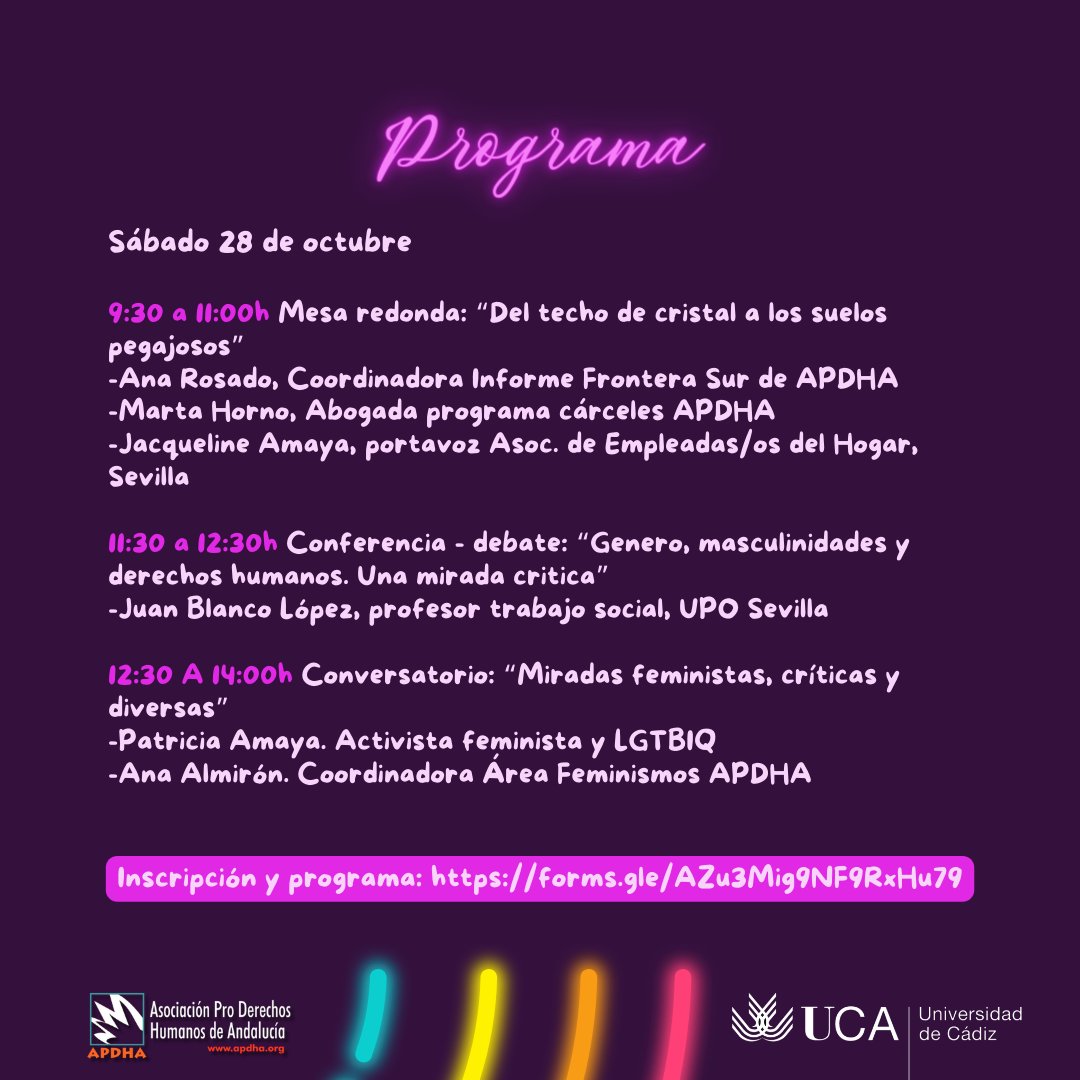 👋 ¡Hola!

✊ Hace unos días os informábamos que el viernes 27 y el sábado 28 del próximo mes de octubre íbamos a organizar en la 🏛Universidad de Cádiz unas ‘Jornadas Feministas. Por un Feminismo Pro Derechos: miradas feministas, críticas y diversas’.