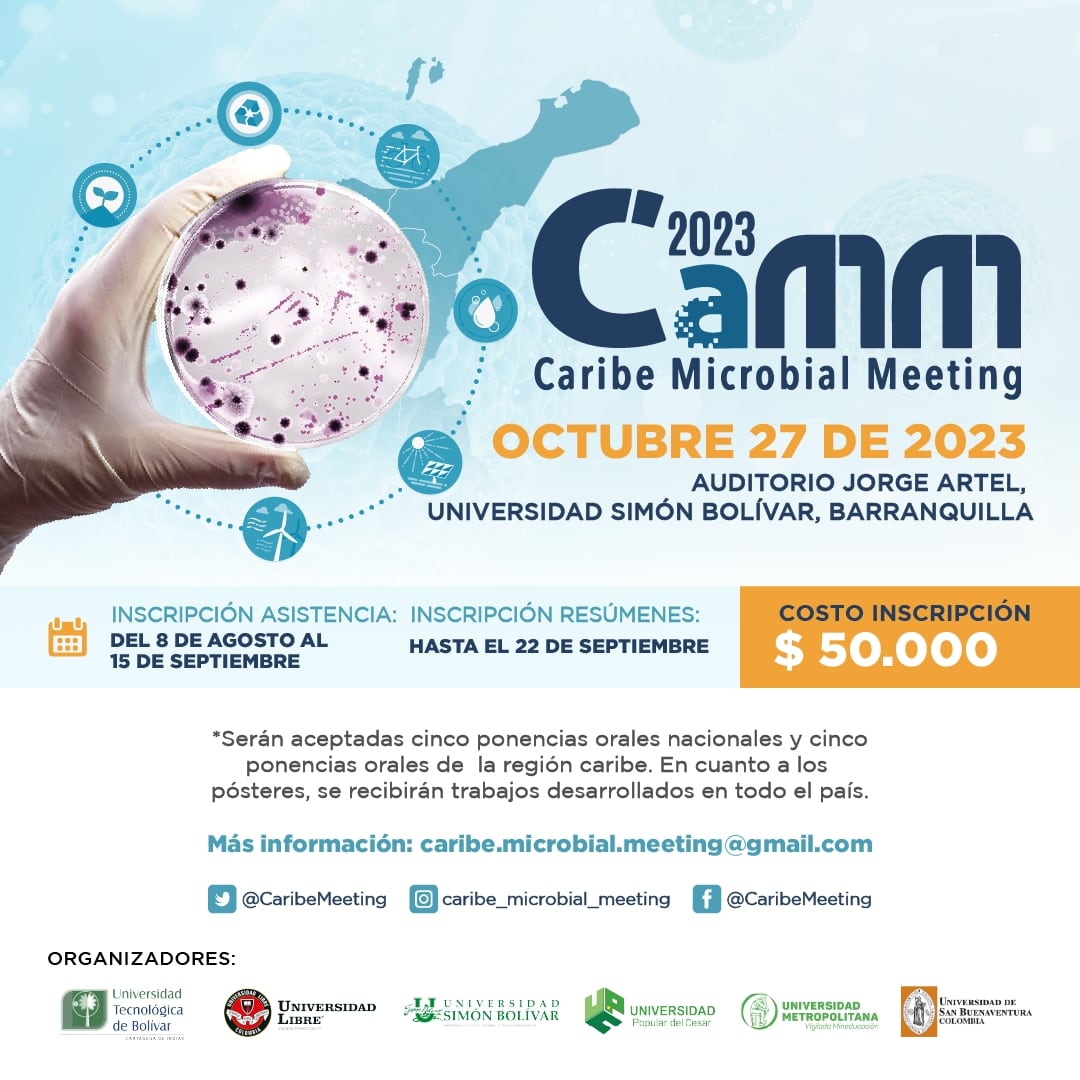 CaRo3551's tweet image. Si eres estudiante de pregrado o posgrado, te invitamos a presentar tu trabajo en el Caribe Microbial Meeting 2023 🦠🔬🧬, un evento que promueve el fortalecimiento de alianzas de trabajo entre jovenes investigadores

📅 Fecha límite: 29 de septiembre

caribemicrobialmee2.wixsite.com/cience/registro