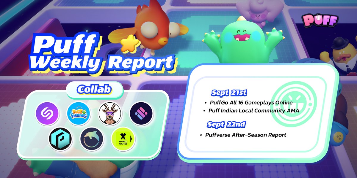 #Puffverse Weekly Report is ON 🎇

Have u enjoyed
🎮 #SkilltoEarn in all 16 available gameplays
🛒 Shop w/ Purple Diamond
✊ Complete daily sign-up &amp; tasks
👥 Meet new Puffs &amp; partners

Begin a new week w/ the freshly launched #PuffGo Quarter-End Update
➡️ bit.ly/3PQA3TC