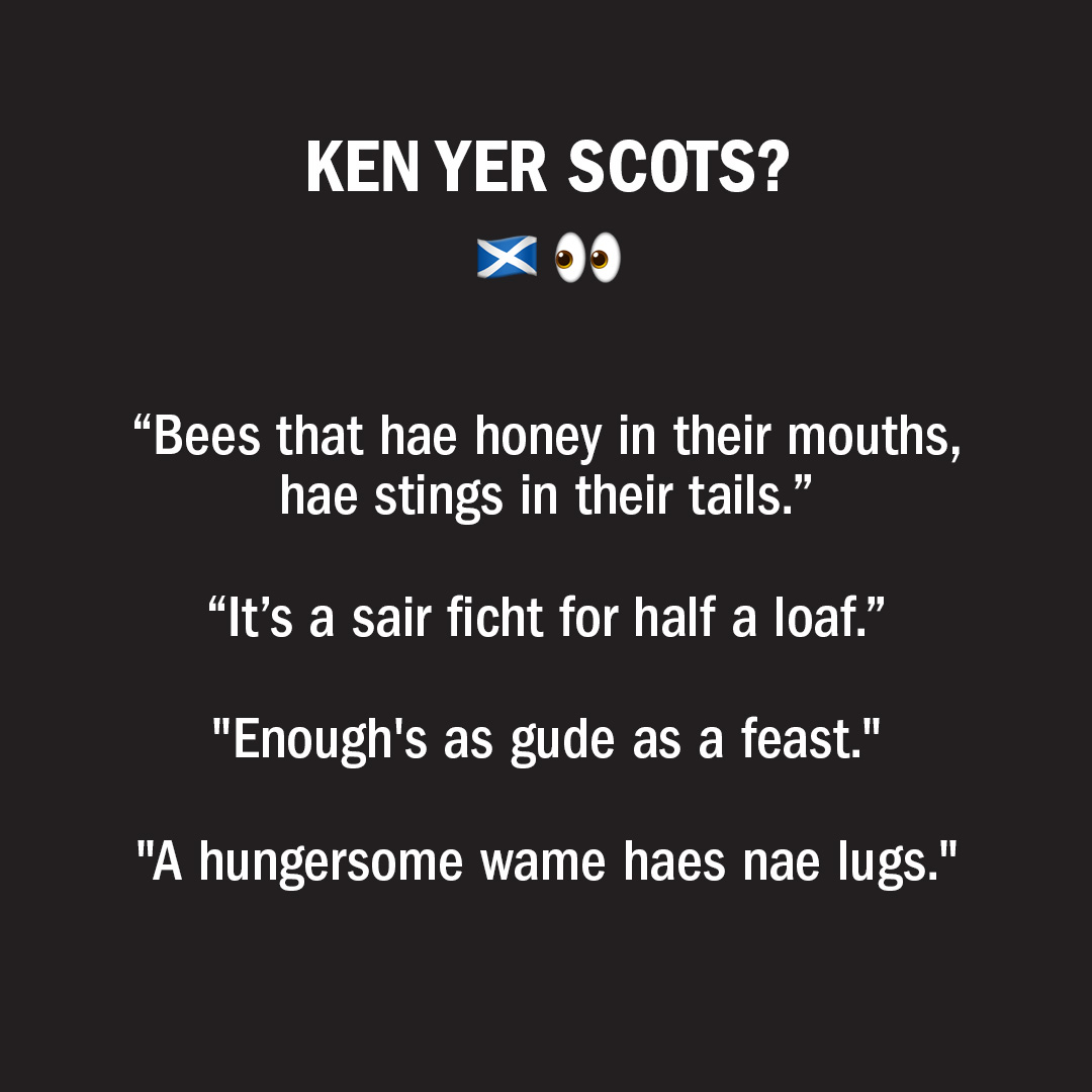 How well do you know your Scottish Proverbs? 👀 🫵

Turns out Scots folk of yesteryear liked to use food as a life lesson. 

Alas, what do they mean? Give us your best in the comments! 

#Scots #ScottishPatter