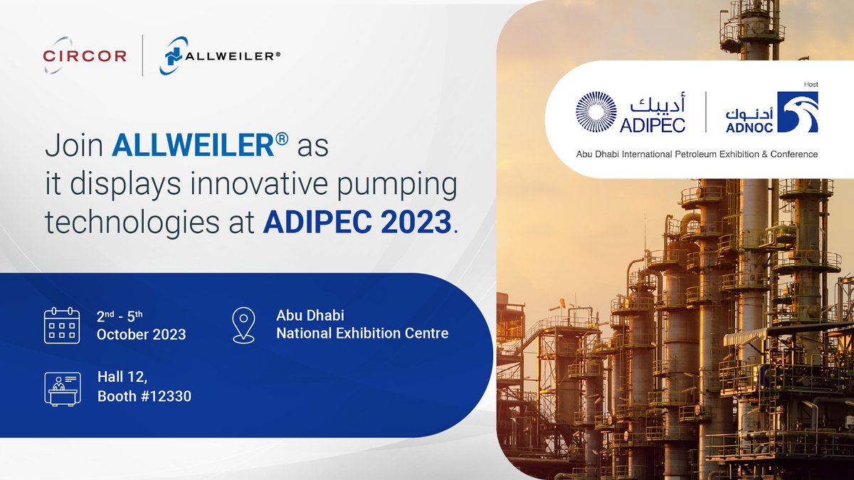 CIRCORint's tweet photo. #ALLWEILER® will be unveiling PC pumps and HOUTTUIN twin-screw pumps at #ADIPEC2023. We are excited to see you all!
#CIRCOR #ADIPEC2023 #fluidhandling #pumpingsolutions #exhibition #futureofenergy #houttuin https://t.co/qq7B6d7vwb