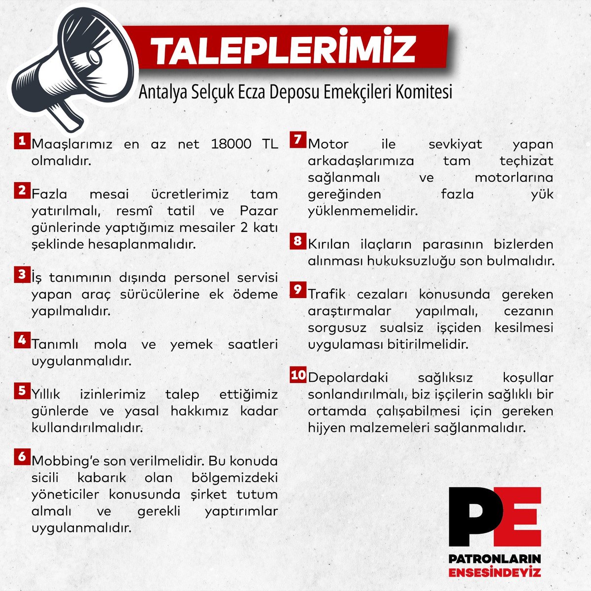 pensendeyiz's tweet photo. 📢Selçuk Ecza Deposu Antalya emekçileri taleplerini dile getirdi

Yasal haklarını eksiksiz kullanmak, mobbinge son verilmesi, depolardaki sağlıksız koşulların sonlandırılması gibi talepleleri dile getiren işçiler arkadaşlarını birlikte mücadele etmeye çağırdı.

💬Selçuk Ecza Deposu’nda çalışan tüm iş arkadaşlarımıza sesleniyoruz: Korkmayın! Gelin, haksızlığa uğrayan tüm işçiler olarak hakkımız olanı almak için daha da çoğalalım.

👇🏻
https://t.co/9PBEWcDBL5