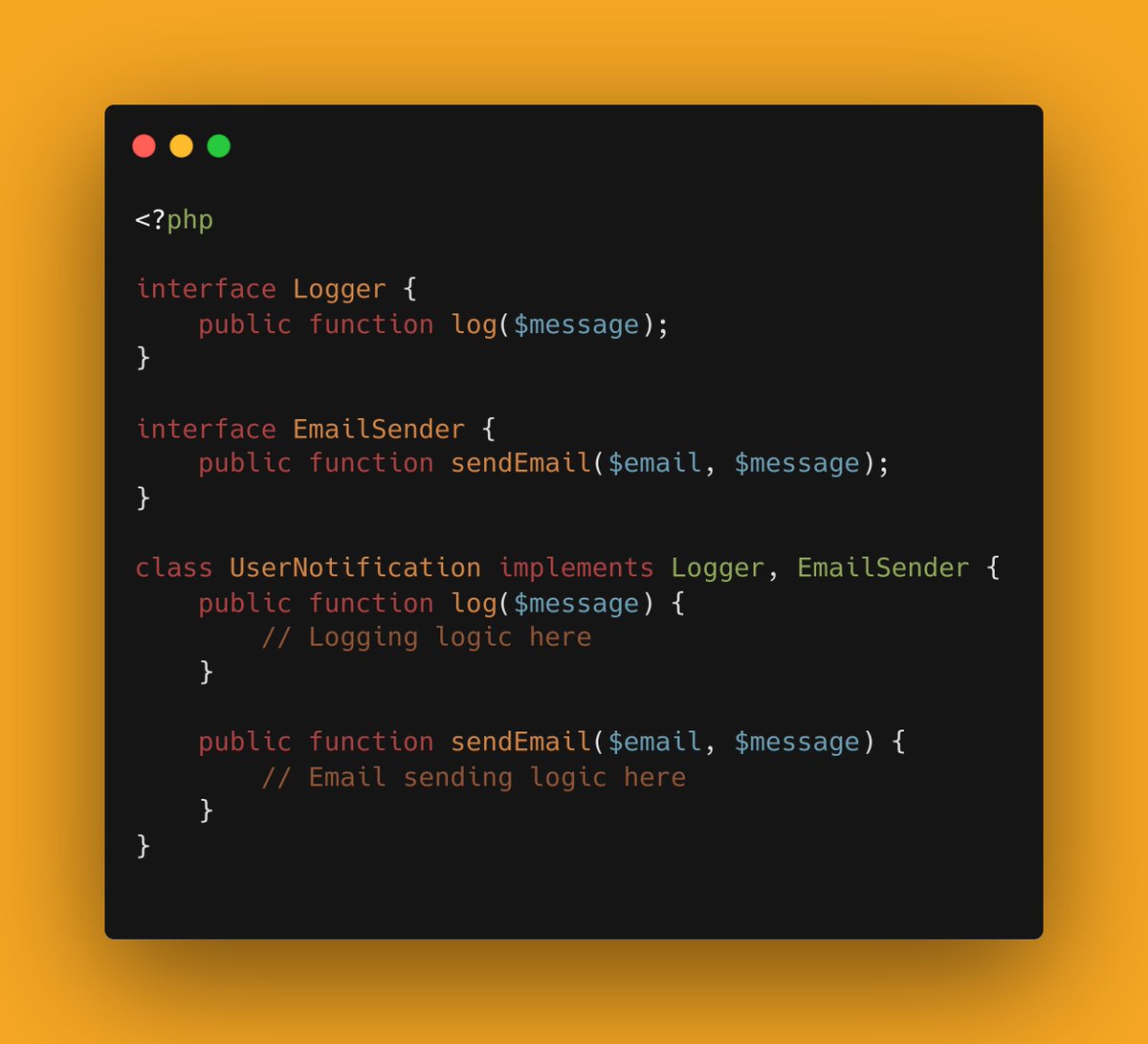 webulent's tweet photo. Using multiple interfaces in #PHP? You can implement more than one interface in a single class. Flexibility at its best! 🎯

What's the most interfaces you've implemented in a single class?

#CodingTips https://t.co/WCxDAiFVXA