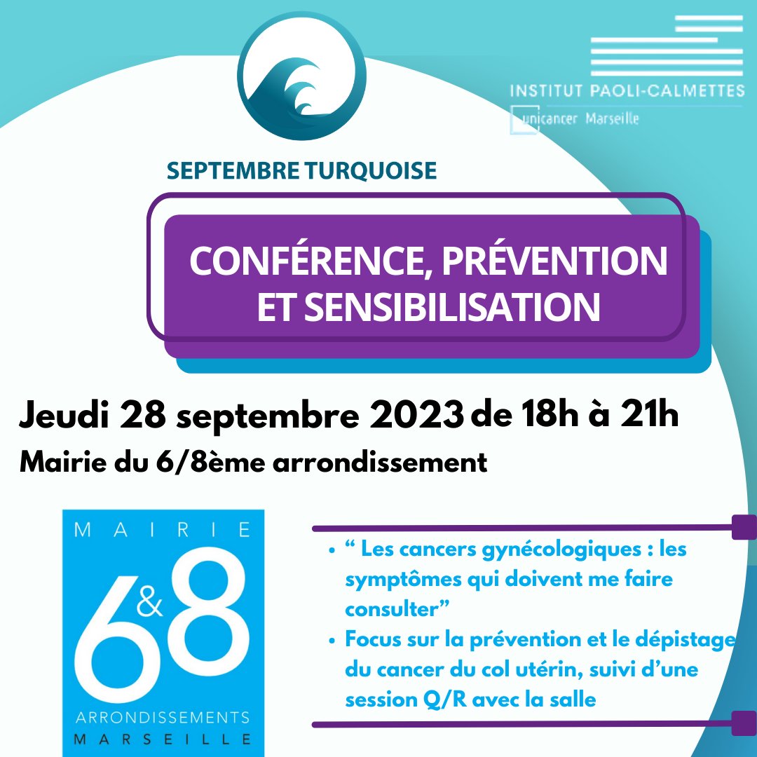 paoli_calmettes's tweet photo. 🔵[#SeptembreTurquoise] 🔵

📅 Le jeudi 28 septembre 2023 se tiendra une conférence prévention et sensibilisation sur “ Les cancers gynécologiques : les symptômes qui doivent me faire consulter” de 18h à 21h
📍 à la Mairie du 6/8ème arrondissement de Marseille 
@mairie6_8 https://t.co/yj4EDOFyME