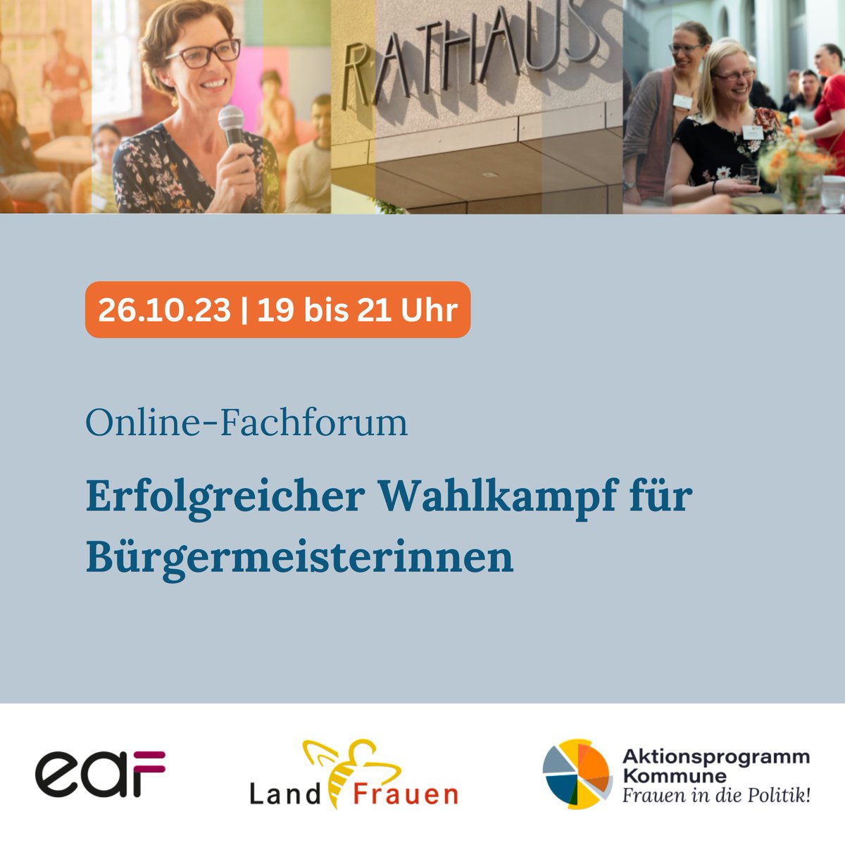 Sie sind Bürgermeisterin? Sie kandidieren im nächsten Wahlkampf? 
Das Online-Fachforum "Erfolgreicher Wahlkampf für Bürgermeisterinnen" beleuchtet Erfolgsfaktoren und gute Praktiken für den Bürgermeisterinnen-Wahlkampf. 
Alle Infos: eaf-berlin.de/was-uns-bewegt…
#frauenmachtpolitik