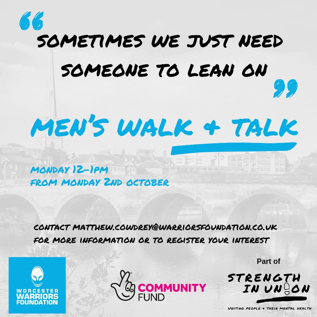 We launching a new Men’s Walk and Talk session taking place from our new home at the <a href="/RPWWorcester/">Royal Porcelain Works</a> 

The walk will start at 12pm from our new office and have a different route each week!