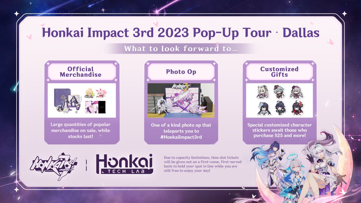 HonkaiImpact3rd's tweet image. Texas, we're coming! Our merch Pop-Up store, 'TechLab,' will be hosted in Dallas from Sep 28 - Oct 2, 10 am – 7 pm!
Retweet this post to enter a raffle with 15 winners to receive a Character Stand!
#HonkaiImpact3rd #TechLab