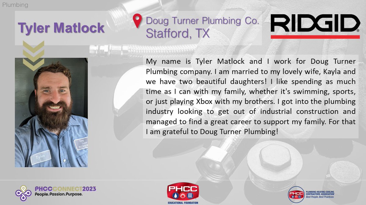 PHCCFoundation's tweet photo. 📣Presenting... Tyler Matlock - Doug Turner Plumbing Company, Stafford, TX🎉
Sponsored by: @RIDGIDPower
#phccfoundation #phccacademy #apprenticecontest #plumbing #hvacr #careerdevelopment #CONNECT2023 #cleveland #ohio #phccareers #cleanair #cleanwater https://t.co/kBUeXf4PHv