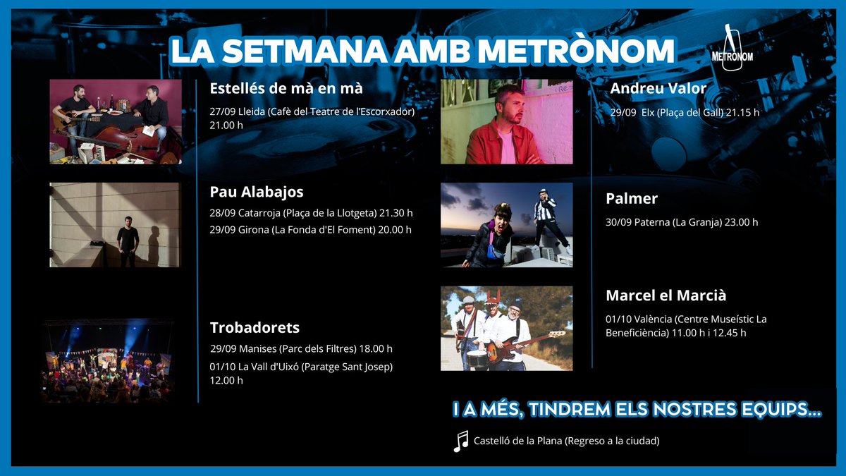 Metronom_prod's tweet photo. 🎵🎵 Arriba la última setmana de setembre i vos portem la gana de concerts per fer plans aquests dies

‼‼ Així que si algun d'aquests concerts vos ha cridat l'atenció, no dubteu i reserveu el dia! https://t.co/HXcqaWbgZt
