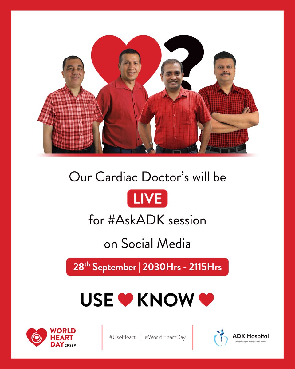 ADKHospital's tweet photo. Watch our AskADK Live Special in celebration of World Heart Day!
If you have any queries regarding cardiovascular disease, our specialists will be ready to answer you during this session.
#AskADk #WorldHeartDay #ADKHospital https://t.co/csTFQOTh3X