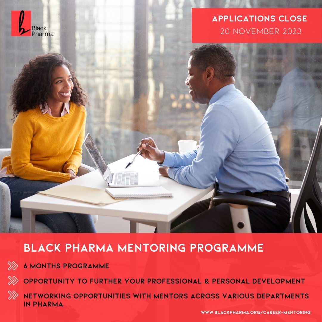 2024 Black Pharma Mentoring Programme applications 

Applications close 20 Nov 2023.⁠ Programme starts 18 Jan 2024 and end 18 Jun 2024.⁠
⁠
The Mentoring Programme is only available for applicants in the UK & EU.⁠
⁠
#BlackPharma #Mentoring  #BlackProfessionals #BlackStudents
