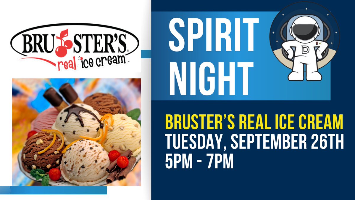 Join us tomorrow!  Tuesday, September 26th for an Ice Cream Spirit Night @ Brusters! 5-7pm.