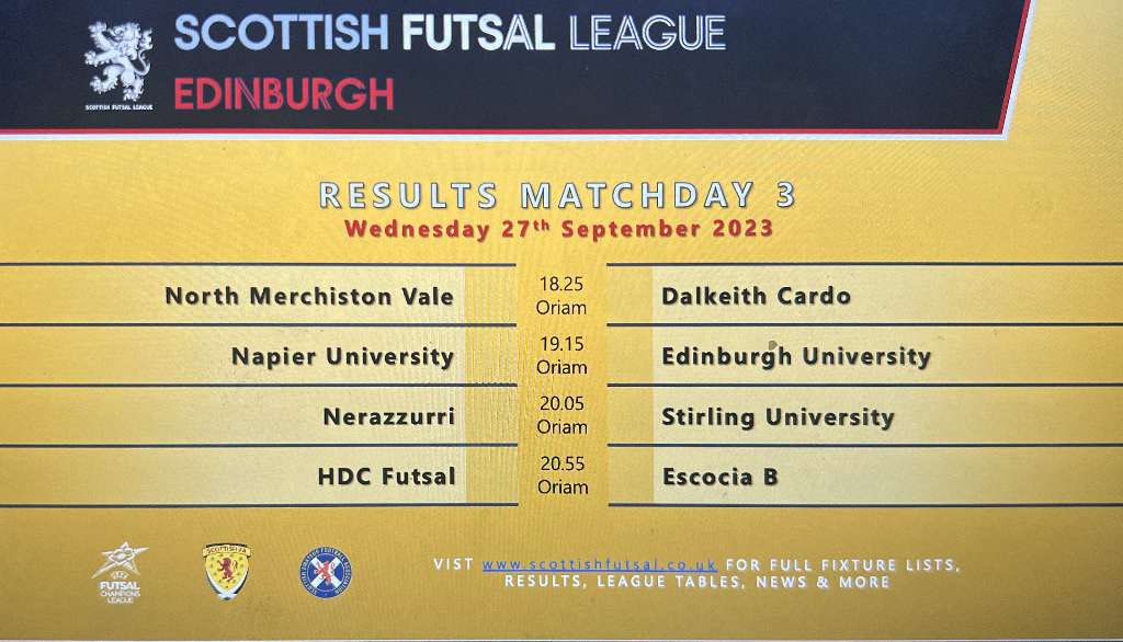 Apologies please see updated league table results and fixtures for this coming week Dalkeith Thistle Community Football ClubNerazzurri Futsal ClubScottish Futsal League - EdinburghFutsal Escociahttps://www.facebook.com/profile.php?id=61550686154889