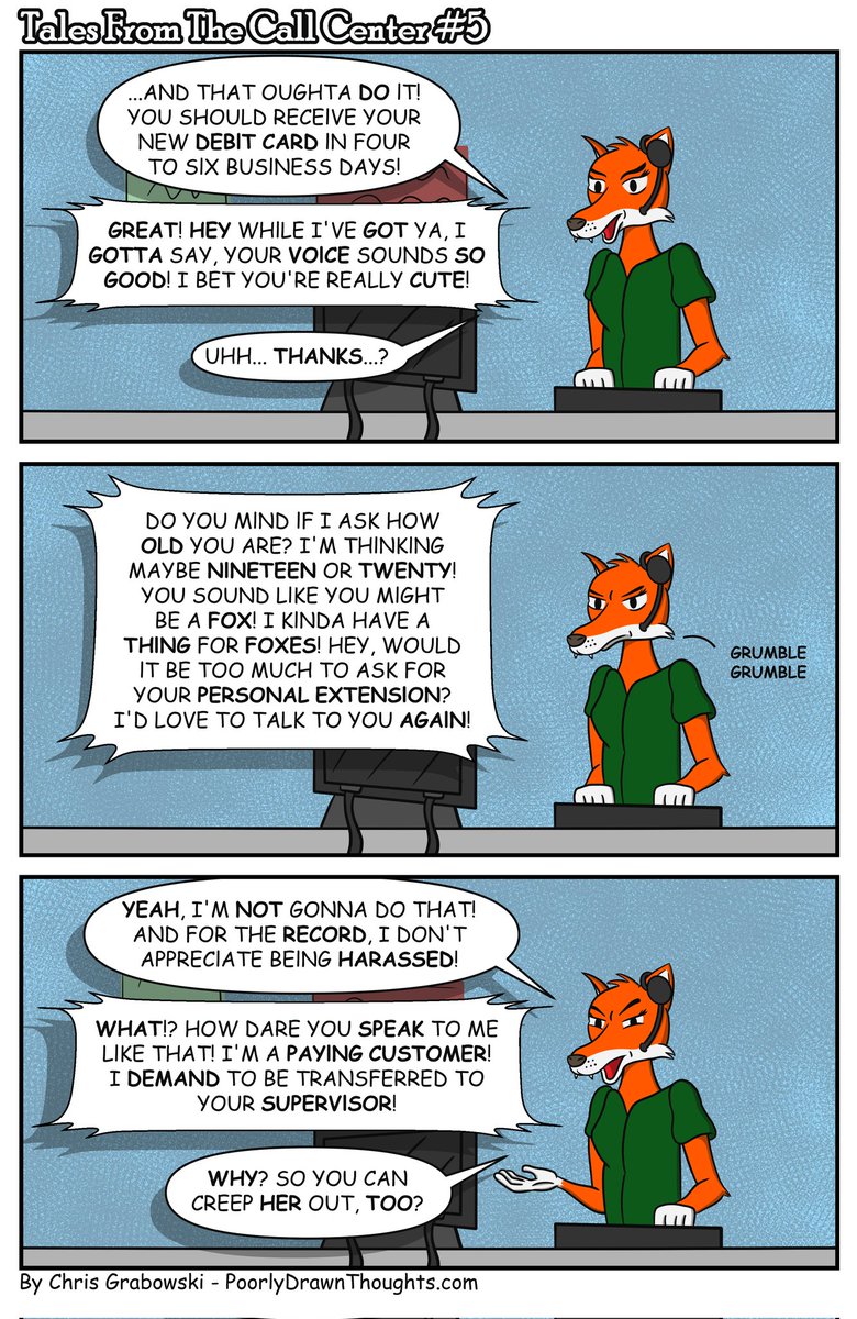 PoorlyDrawnGuy's tweet photo. New comic! "Tales From The Call Center #5!" This actually happens. A lot. For the story behind this comic, go to https://t.co/7BHitEXZ1P.
#art #comics #webcomics #work #banking #CallCenter #customerservice #Sexism #Creepy https://t.co/VOZlfqJUUq