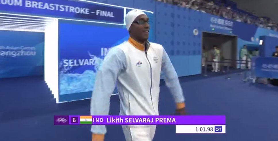 thefield_in's tweet photo. #AsianGames #HangzhouAsianGames #Swimming

Likith Selvaraj Prema strides out for the Men's 100m Breaststroke Final. 

He was the eighth fastest in Heats, can he go better?

Blog: https://t.co/bdXlvEqtMQ https://t.co/hEbz9JQxo1