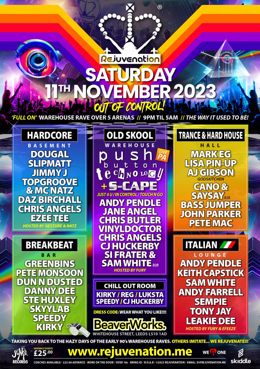 Rejuvenation #RAVE - Saturday 12th November 2023 with @markeg @lisa_pinup @djdougal @slipmatt @djjaneangel @andypendle @djgreenbins @djajgibson1 @DJSiFrater TICKETS >> skdl.co/CUd60NbP1xb