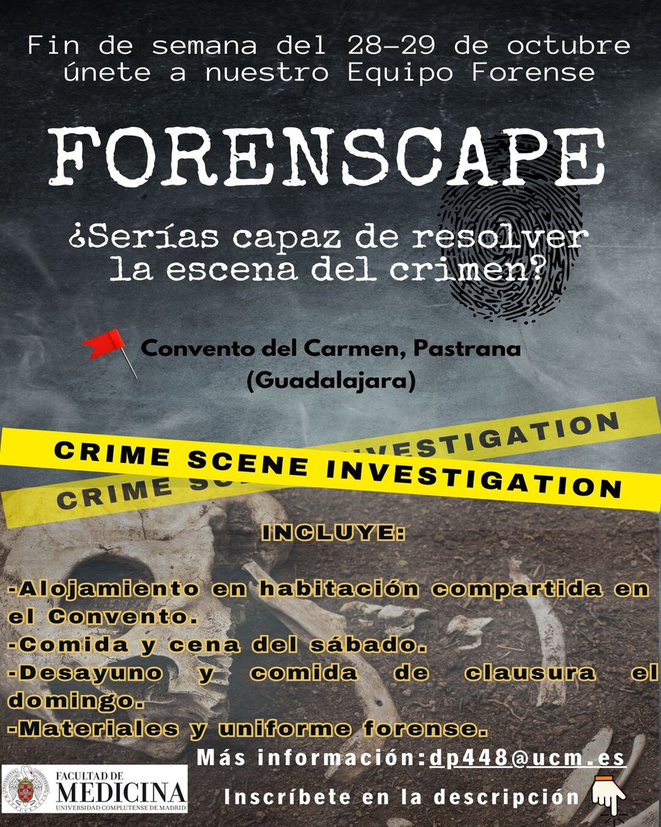 LAOF_EML's tweet photo. 🚨 Apúntate a nuestro #roleplay y se CSI durante un fin de semana! Reserva tu plaza en https://t.co/tYffd3YyID
Envía un mail a dp448@ucm.es para más información.
¡¡Te esperamos!! 💀🦴🦷
@laof.eml #scaperoom #rolplay #forensicscience #csi #universidadcomplutense https://t.co/LLMCzc7ThP