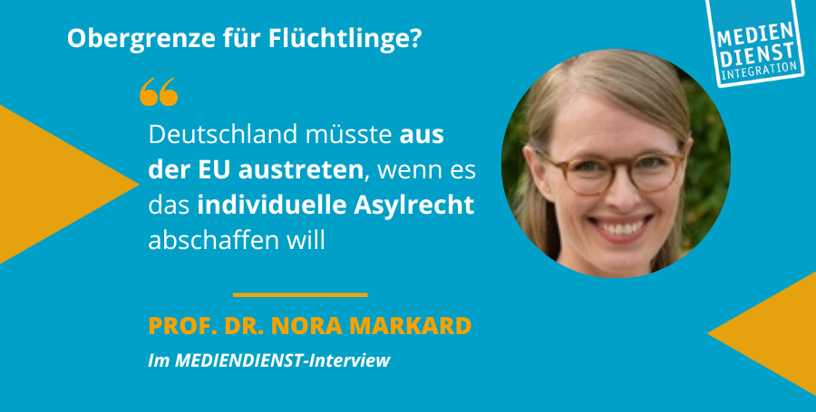 MDIntegration's tweet photo. "Wenn nach Erreichen der #Obergrenze noch jemand kommt und Anspruch auf Schutz hat, dann ist seine Zurückweisung völkerrechtlich und EU-rechtlich verboten, Obergrenze hin oder her", sagt Juristin Prof. Markard im MEDIENDIENST-FAQ zur #Obergrenze-Debatte: https://t.co/Z5QNr7VURd https://t.co/gVHELOmu7Q
