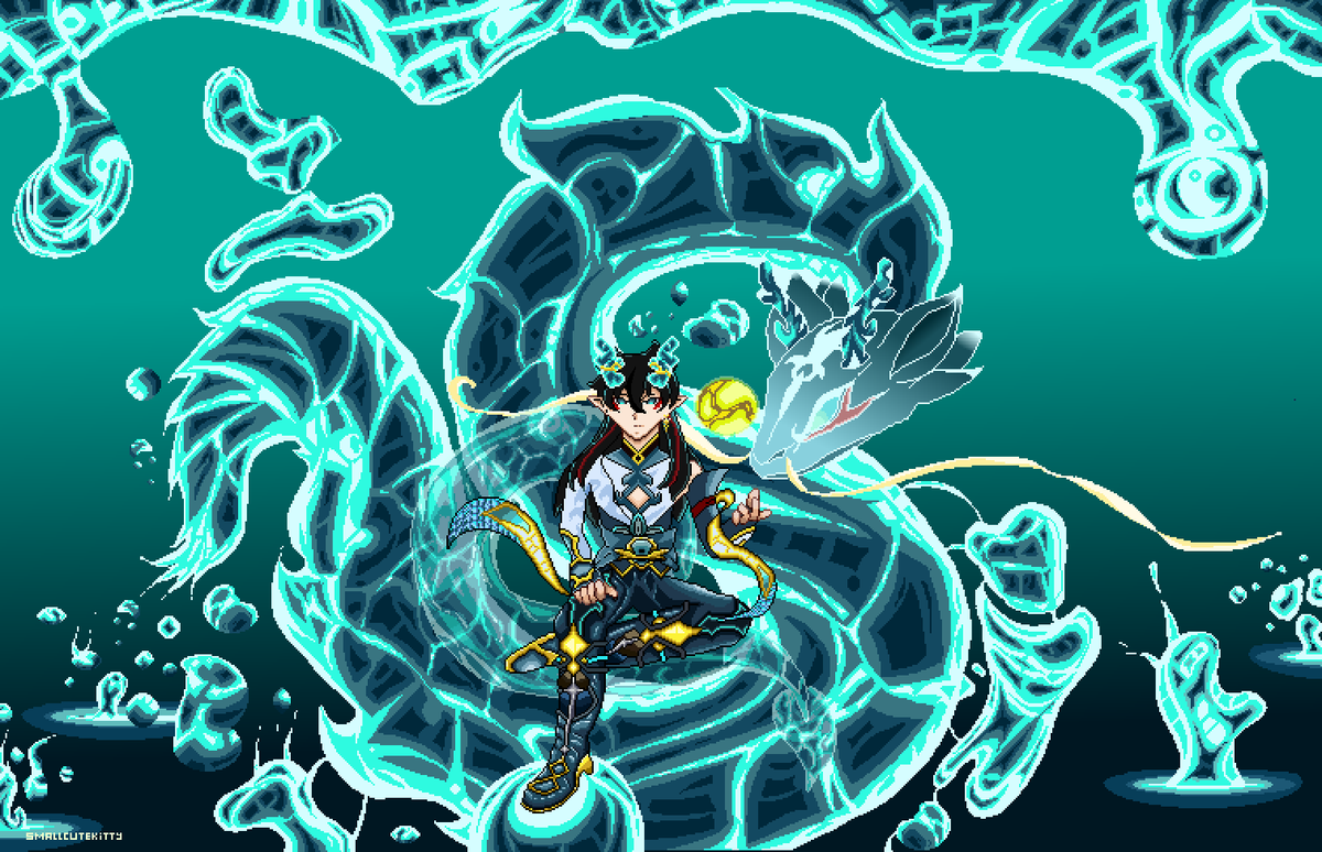 Smallcut3kitty's tweet image. Here is my entry for Dan Heng Imbibitor Lunae! I worked on this for a long time and learnt how to draw water in one minute lol 🤣🤣🤣 #ImbibitorLunae #FanArtContest Dang Heng with his very wet and loyal dragon! Please enjoy, share, comment, like,... 🤩 #pixelart #HonkaiStarRail
